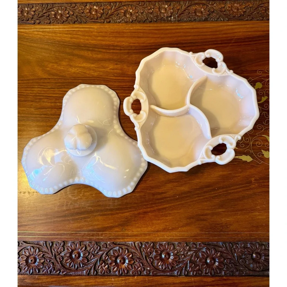 Vintage Pink Milk Glass Lidded Divided Dish – Opaline Vanity or Candy Dish